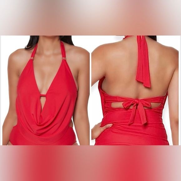 Bar III Plunging Cowlneck Halter Tankini Top, Color Red, Size Small, NWOT - Picture 1 of 6